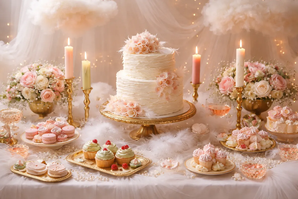 Table blanche avec tulle, lumières LED et plumes décoratives