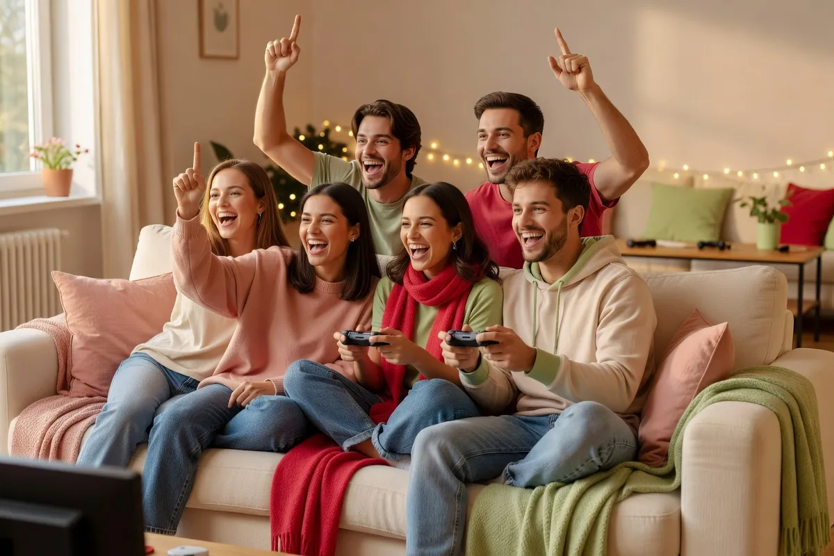 Un groupe d’amis acclame une partie de console, assis sur un canapé, manettes en main