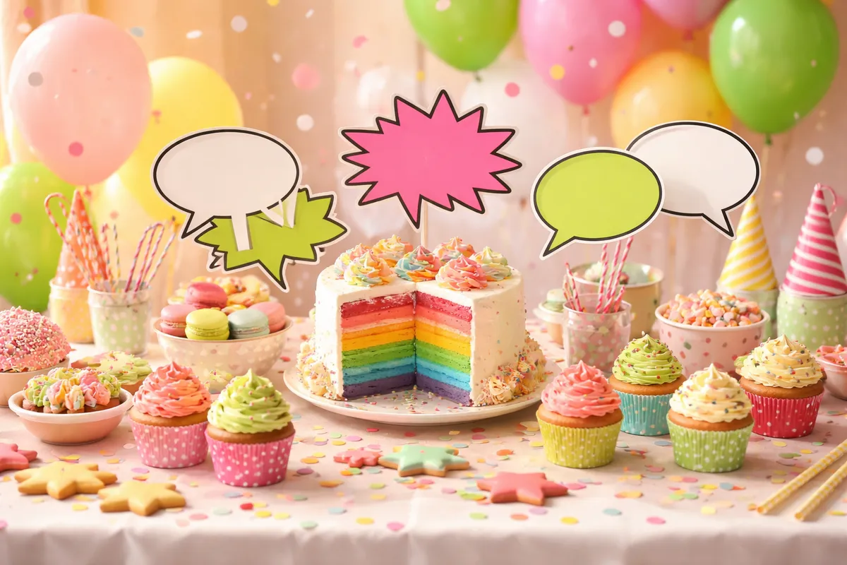 Guirlandes multicolores au-dessus d’une table garnie de biscuits et de bulles en papier