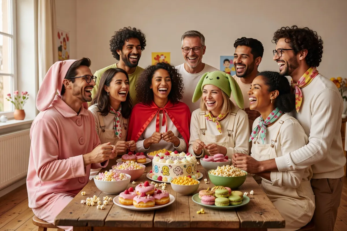 Des adultes déguisés rient autour d’une table de goûter garnie de gâteaux, de popcorn et de macarons