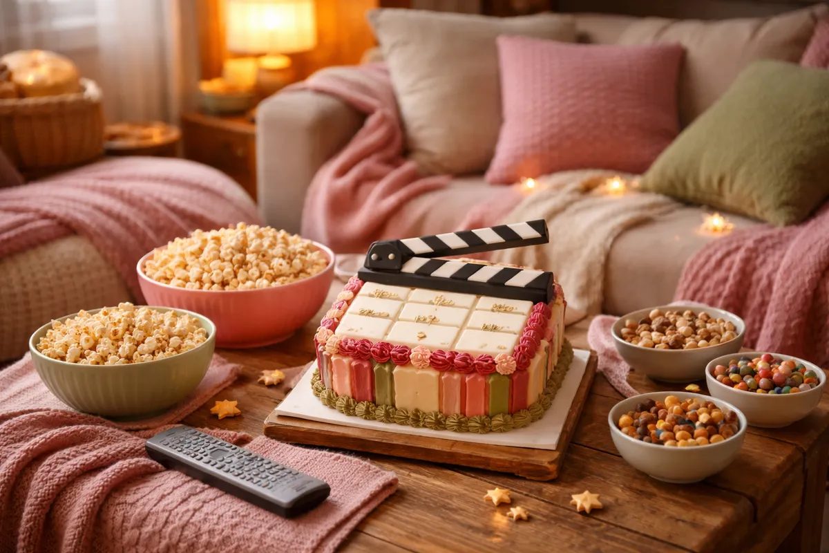 Une table basse avec des bols de pop-corn et de fruits secs, un gâteau en forme de clap de cinéma et une télécommande