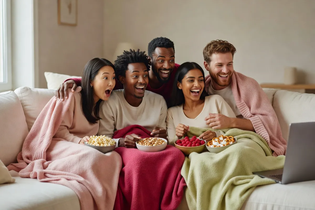 Cinq amis rient sous des plaids sur un canapé en partageant du pop-corn, un ordinateur portable à côté d’eux