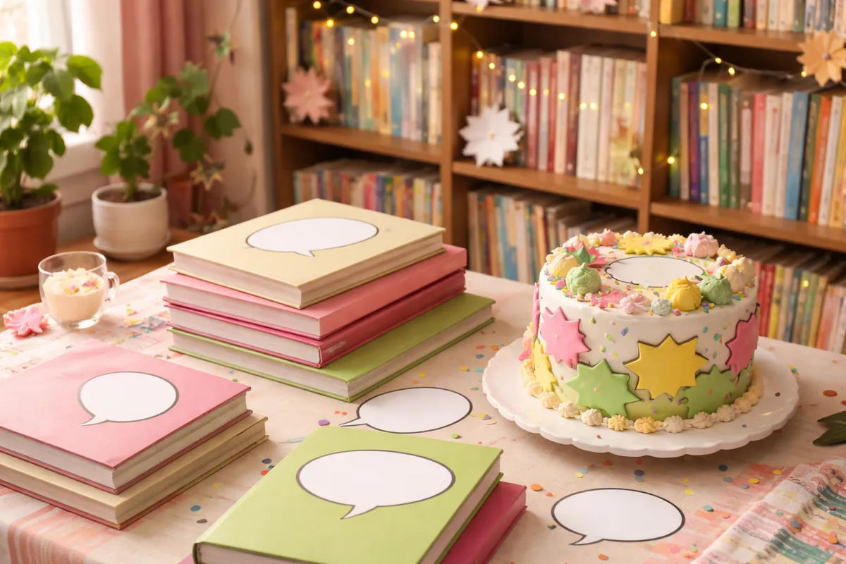 Des albums aux bulles de dialogue vides et un gâteau décoré d’étoiles posés sur une table devant une bibliothèque