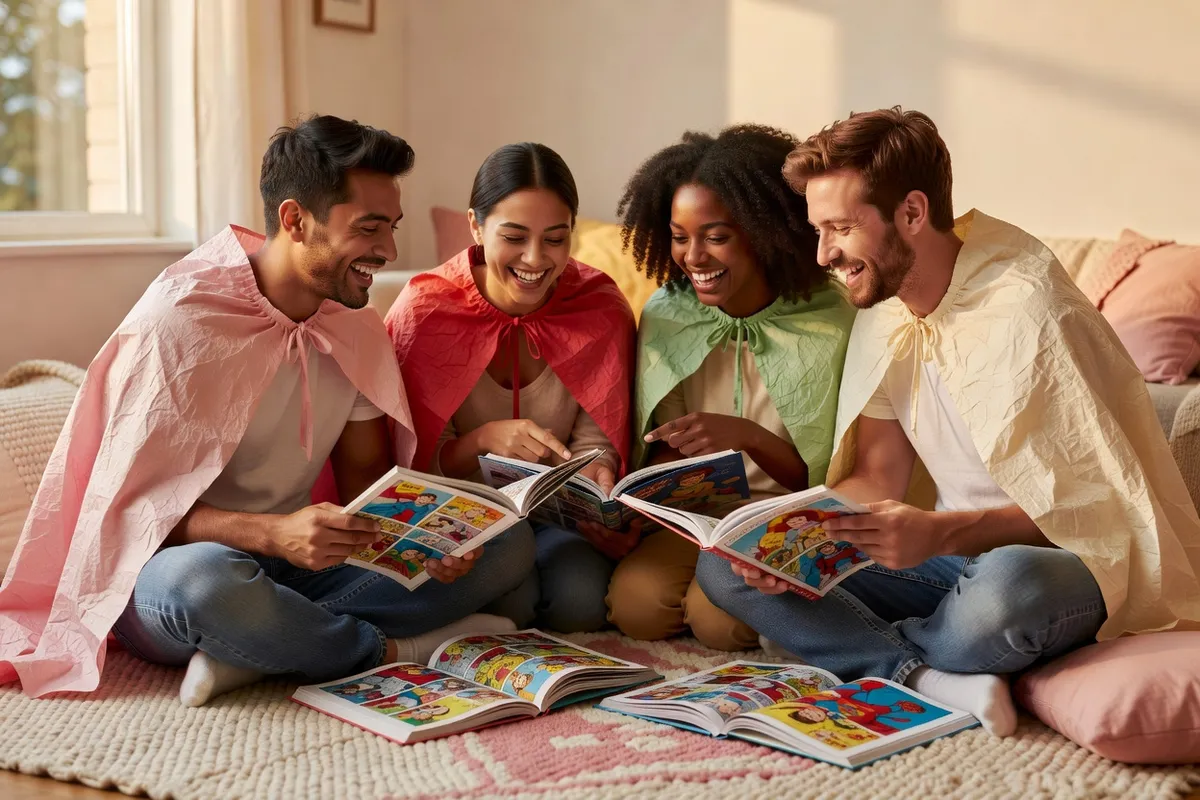 Quatre amis en capes colorées, assis par terre, lisent des bandes dessinées en riant