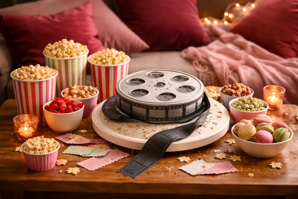 Des gobelets rayés de popcorn, une bobine de film, des macarons et des bougies posés sur une table basse