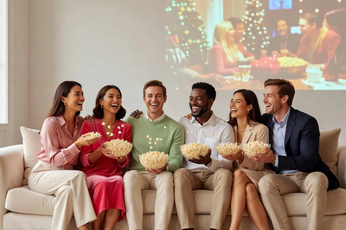 Des amis assis côte à côte sur un canapé, des seaux de popcorn sur les genoux, devant un écran de projection