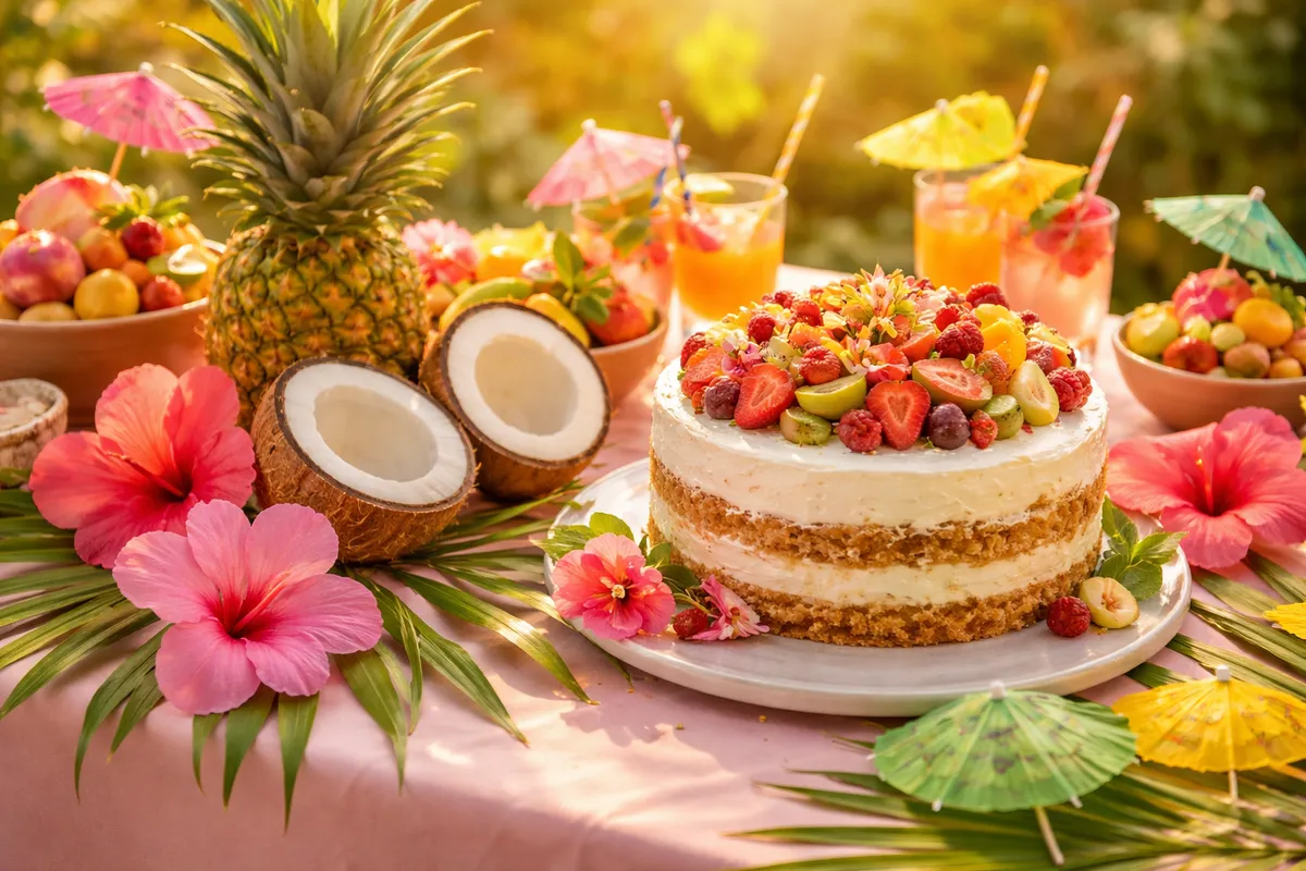 Un gâteau couvert de fruits entouré d’un ananas, de noix de coco, d’hibiscus roses et de cocktails à l’ombrelle