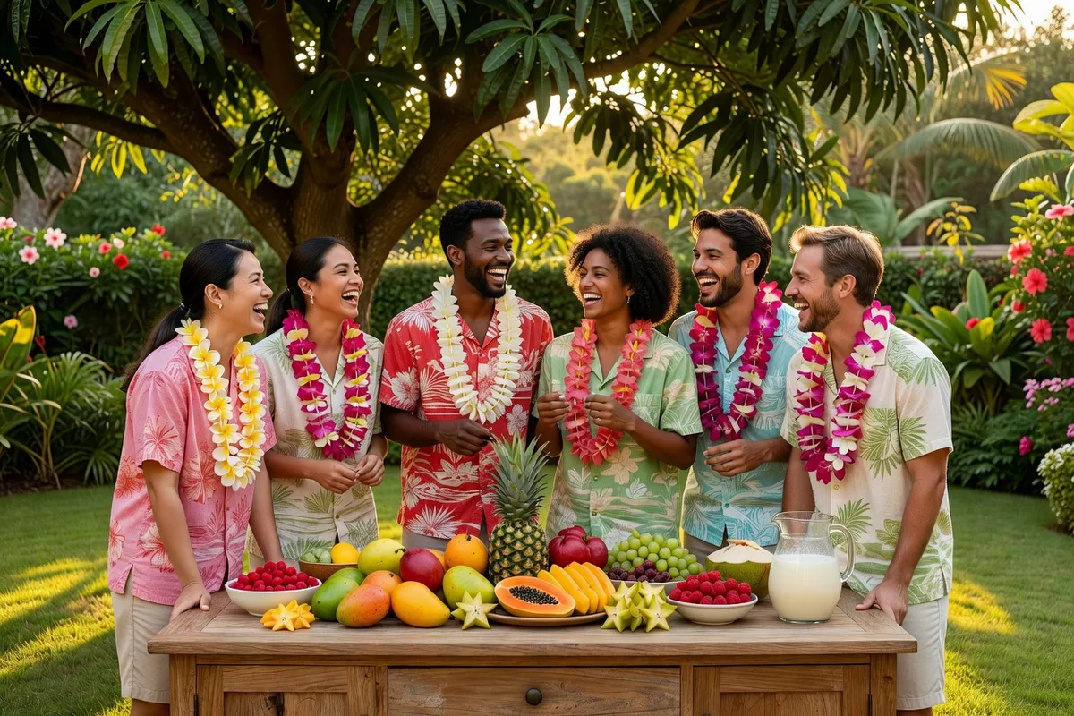 Six amis portant des colliers de fleurs se tiennent derrière une table de fruits tropicaux dans un jardin