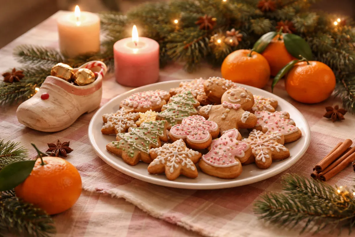 Une assiette de biscuits en pain d’épices, des mandarines et un petit sabot en bois posés sur une nappe avec des bougies et des brins de sapin
