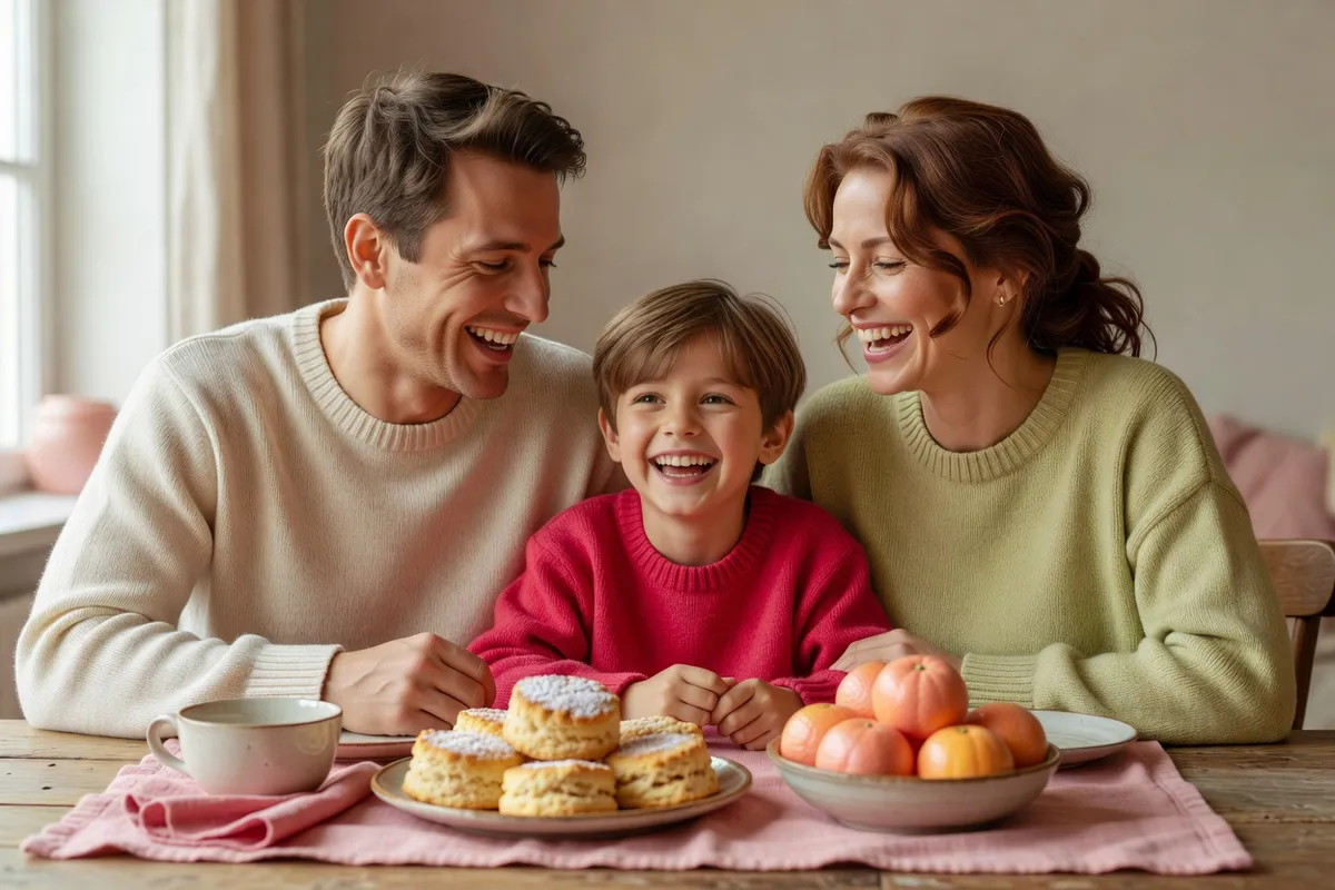 Une famille, deux adultes et un enfant de neuf ans en pulls de tous les jours, rit autour d’une table garnie de biscuits et de clémentines