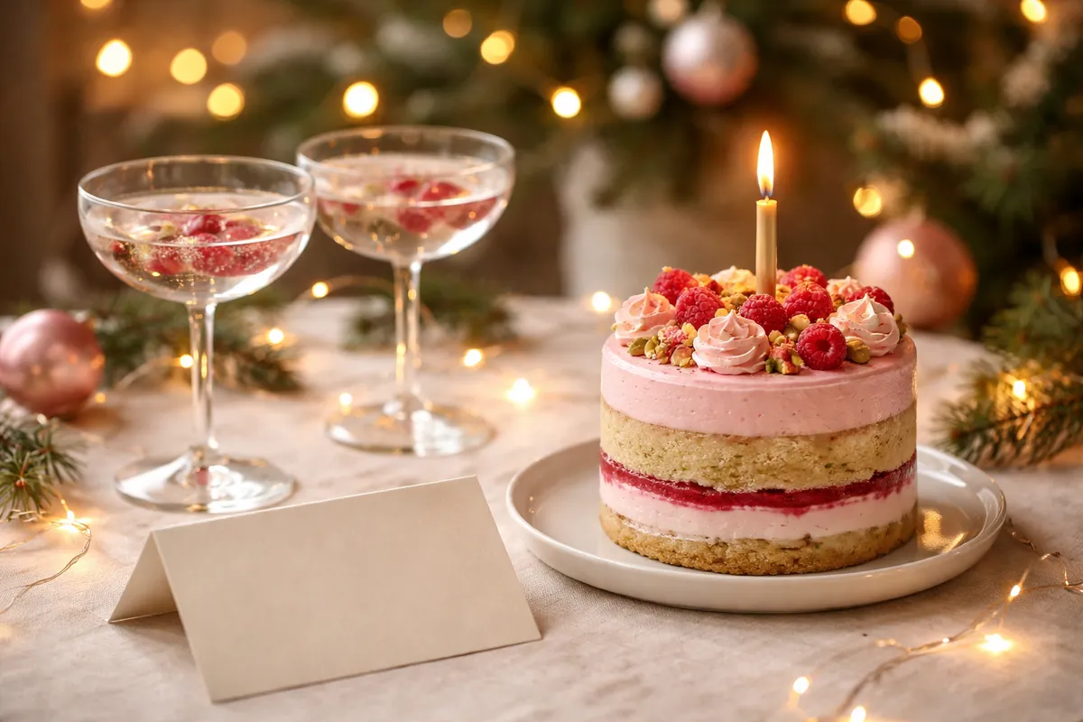 Un gâteau à la crème rose orné d’une bougie, deux coupes et une carte pliée vierge, sur une table décorée de lumières de fête