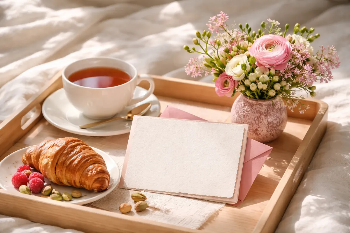 Un plateau de petit-déjeuner avec une carte faite main vierge, une tasse de thé, un croissant et un petit bouquet de fleurs de printemps