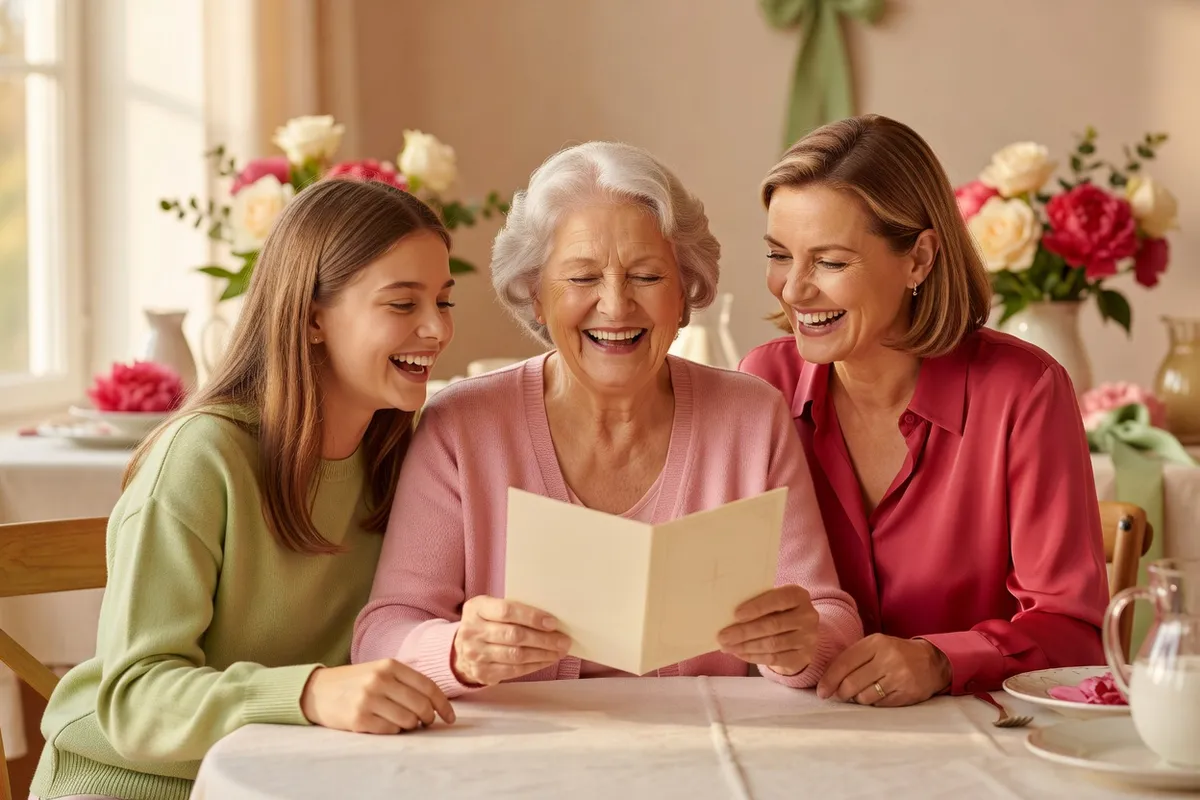 Une grand-mère assise à une table ouvre une carte et rit avec sa fille et sa petite-fille