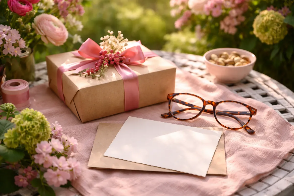 Un cadeau emballé dans du papier kraft, une paire de lunettes de lecture et une carte vierge posés sur une table de jardin à la lumière de l’après-midi