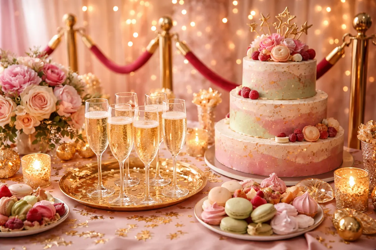 Un gâteau à trois étages rose et or entouré de flûtes de champagne, de macarons et de cordons de velours
