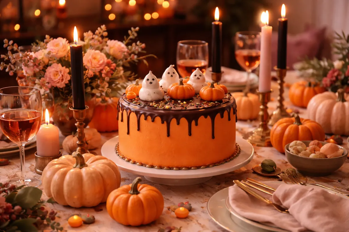 Une table de fête avec un gâteau orange décoré de petits fantômes, entouré de citrouilles, de bougies et de verres de rosé