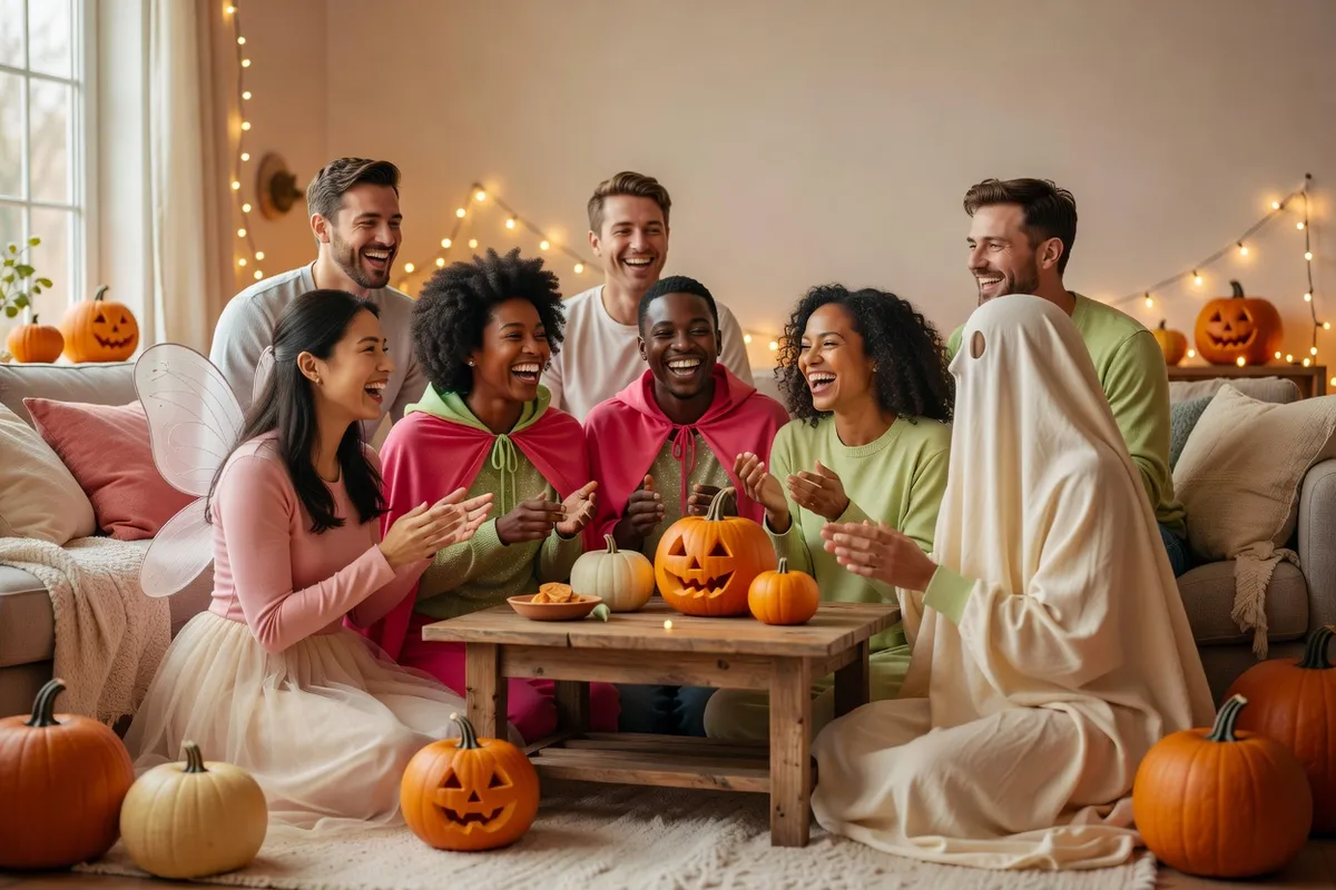 Un groupe d’amis déguisés rit sur un canapé, avec des citrouilles sculptées et des guirlandes lumineuses autour d’eux