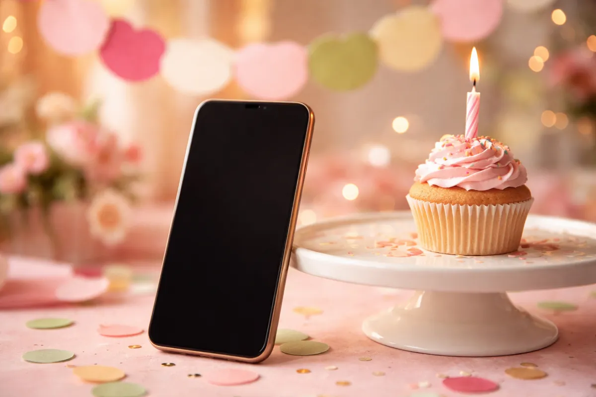 Un téléphone à l’écran noir posé près d’un cupcake à bougie sur un présentoir, parmi des confettis et des guirlandes floues