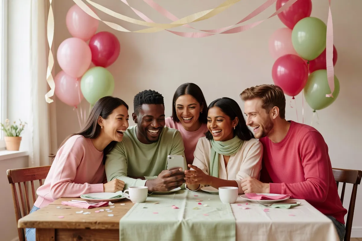 Cinq amis rient autour d’une table en bois, l’un d’eux tenant un téléphone, sous des ballons et des rubans
