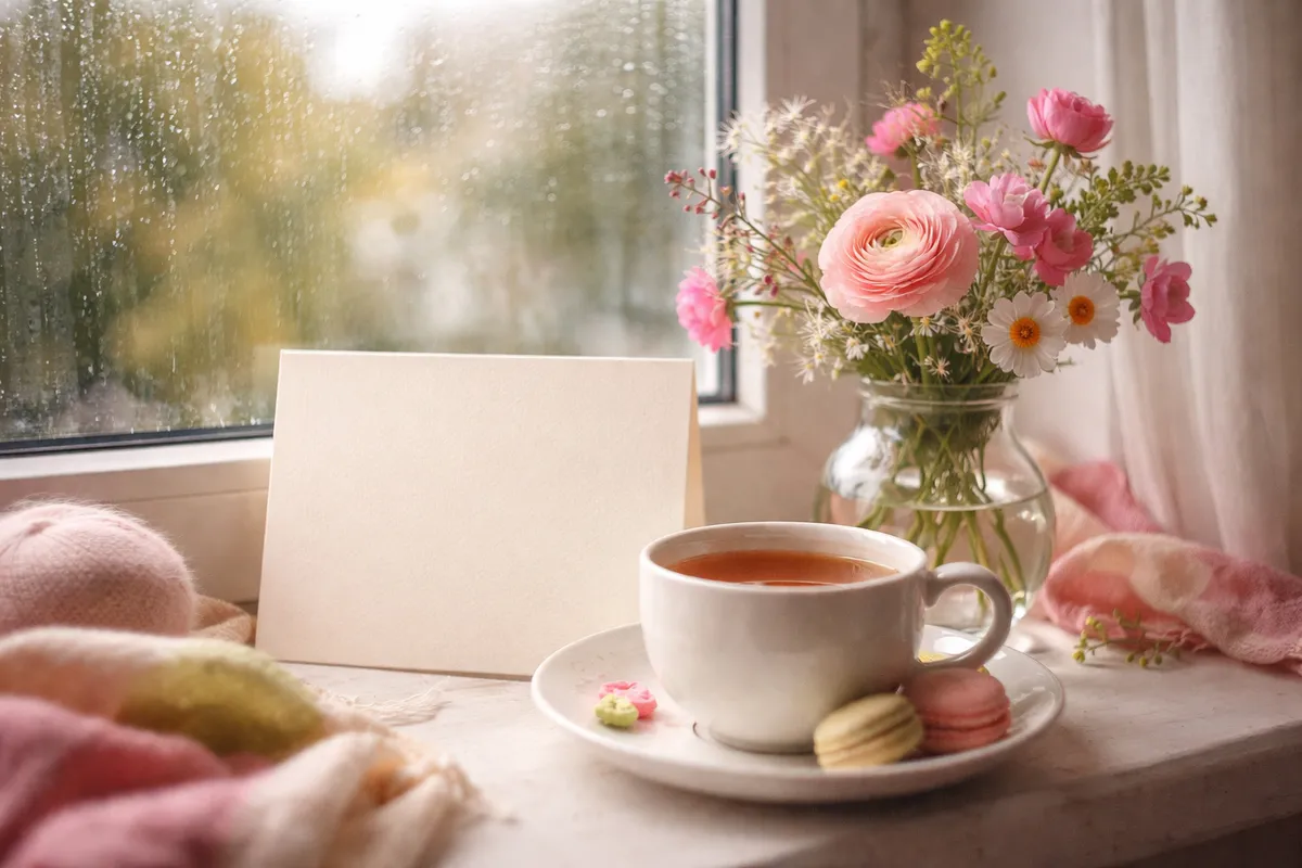 Une carte vierge, un bouquet de renoncules dans un vase et une tasse de thé avec des macarons près d’une fenêtre pluvieuse