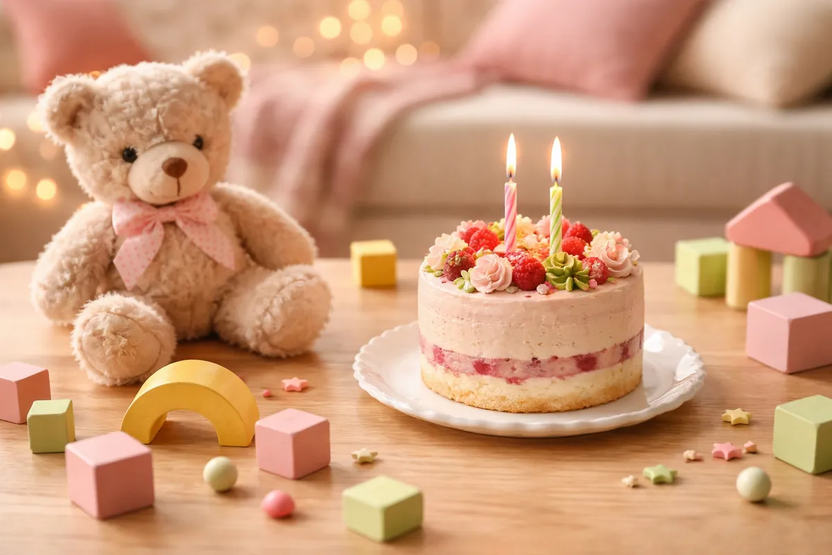 Un ours en peluche, des cubes en bois et un gâteau à deux bougies posés sur une table basse