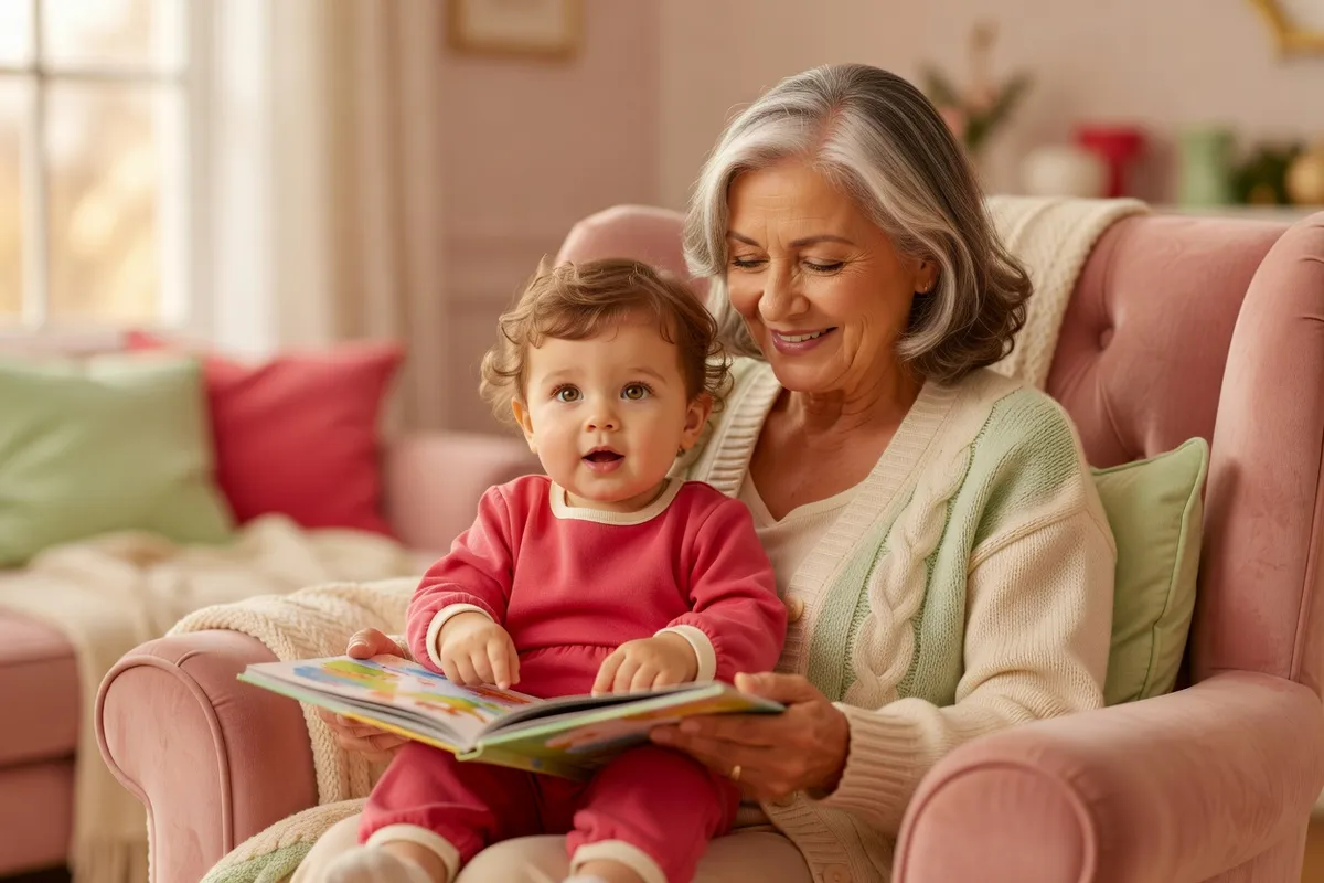 Une grand-mère aux cheveux gris feuillette un livre d’images avec un tout-petit sur un fauteuil rose