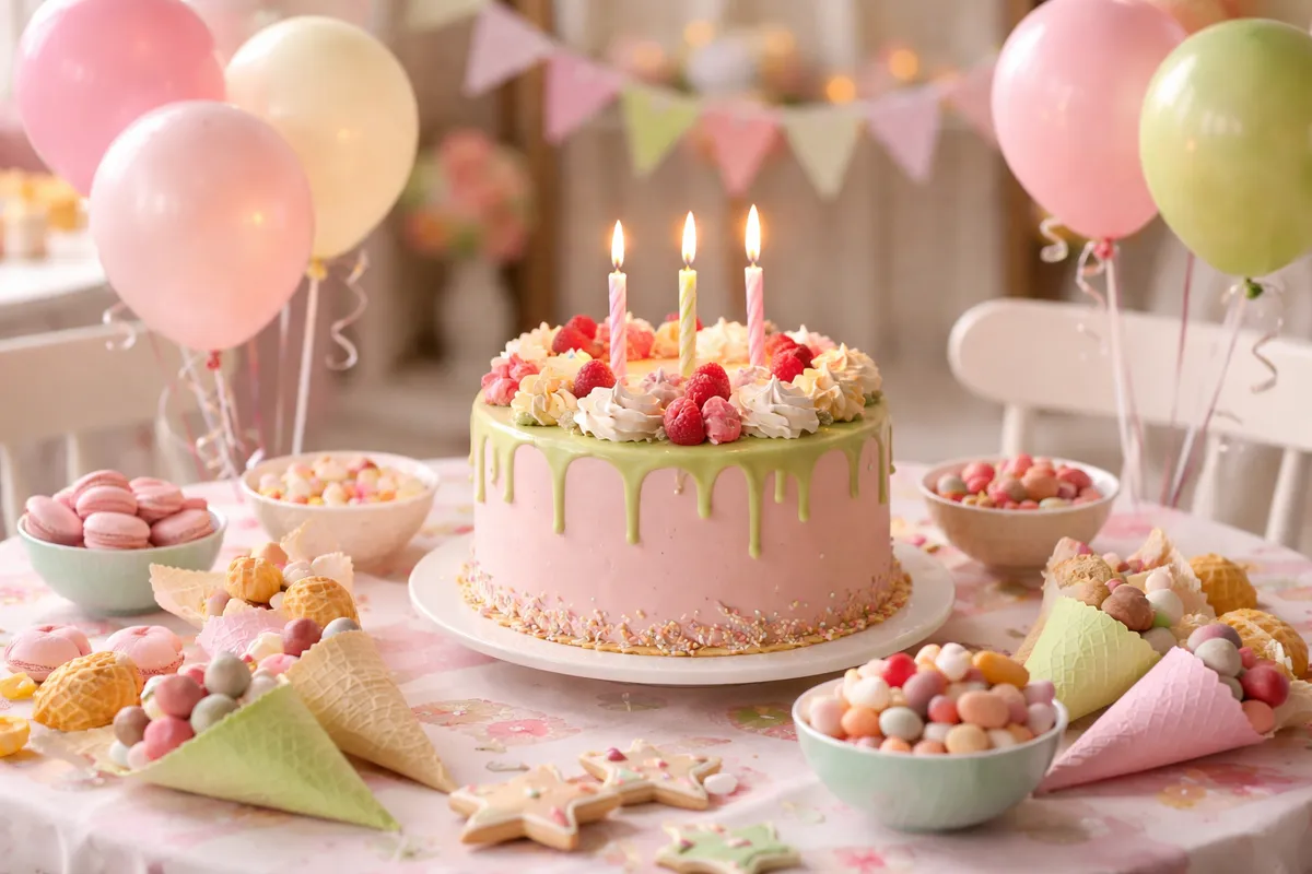 Un gâteau à trois bougies nappé de glaçage vert entouré de bonbons, de cornets et de ballons pastel