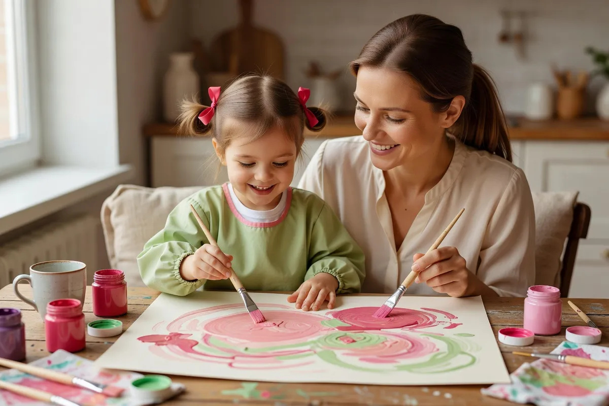 Une petite fille et sa mère peignent ensemble une grande feuille aux motifs roses et verts, sur une table de cuisine