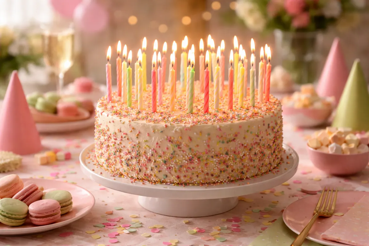 Un gâteau d’anniversaire couvert d’une multitude de petites bougies colorées sur une table de fête