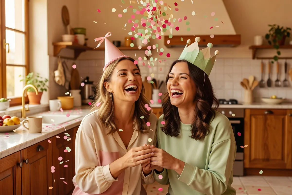 Deux amis éclatent de rire, l’un coiffé d’un chapeau de fête et d’une couronne en papier, des confettis dans l’air