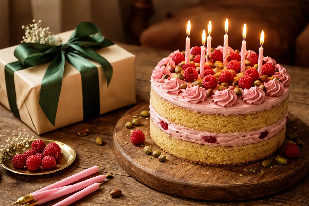 Un gâteau à la framboise et un paquet cadeau noué d’un ruban vert posés sur une table en bois, avec des bougies et des framboises