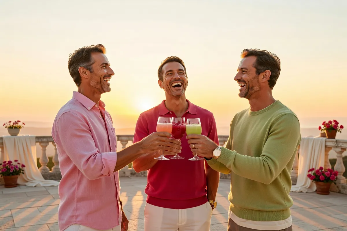 Trois amis trinquent en riant sur une terrasse au coucher du soleil