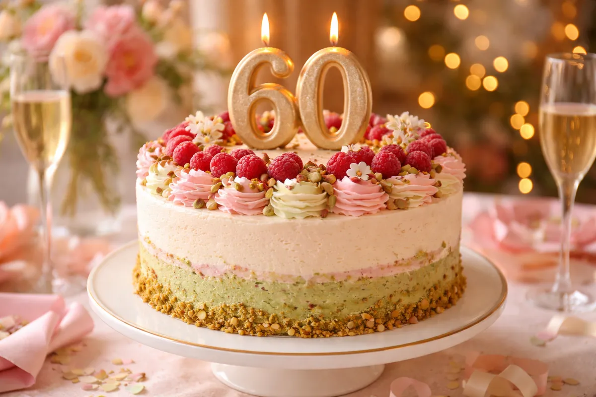 Un grand gâteau rond décoré de framboises avec une bougie dorée en forme de 60, posé sur un présentoir sous une lumière chaude