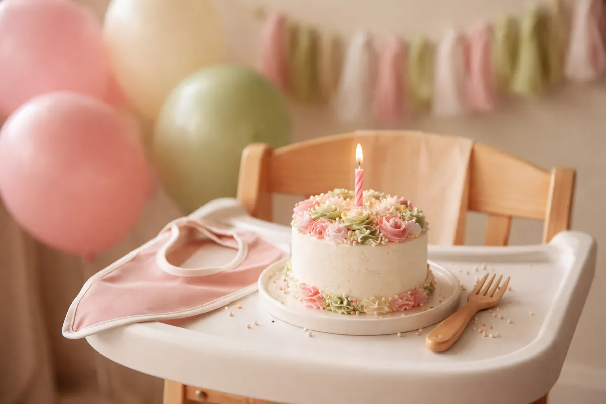Un petit gâteau à une bougie posé sur le plateau d’une chaise haute, avec une bavette douce et des ballons pastel à côté