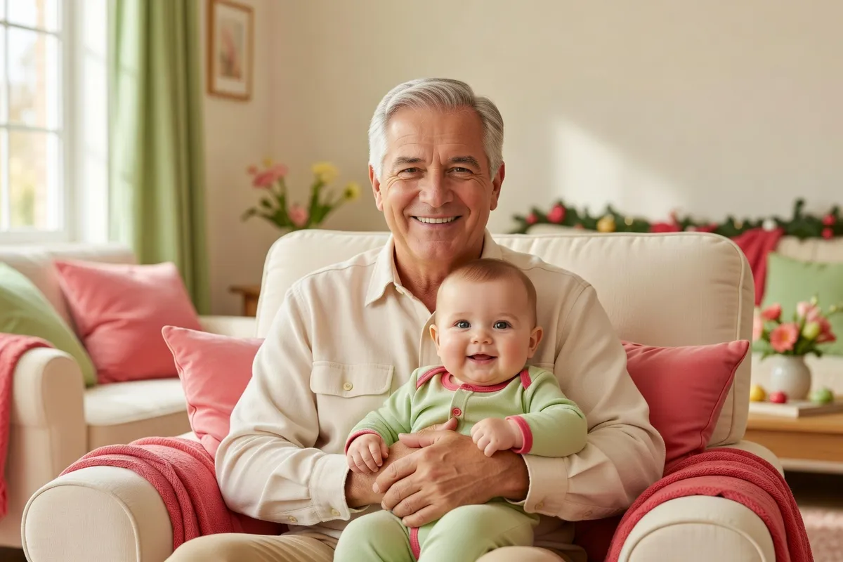 Un grand-père d’une soixantaine d’années tient sur ses genoux un bébé d’un an qui sourit, dans un salon lumineux