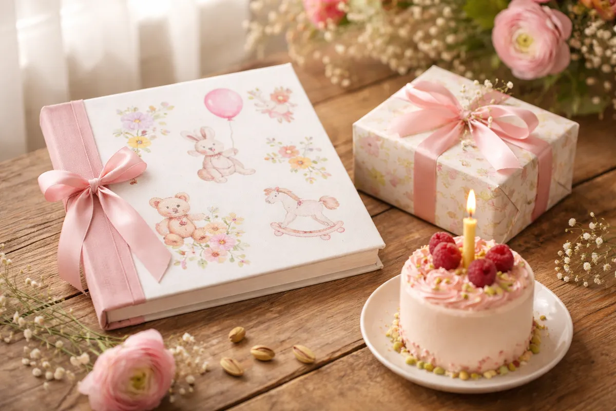 Un carnet de bébé aux couleurs pastel, un petit paquet cadeau noué d’un ruban et un mini gâteau à une bougie posés sur une table en bois