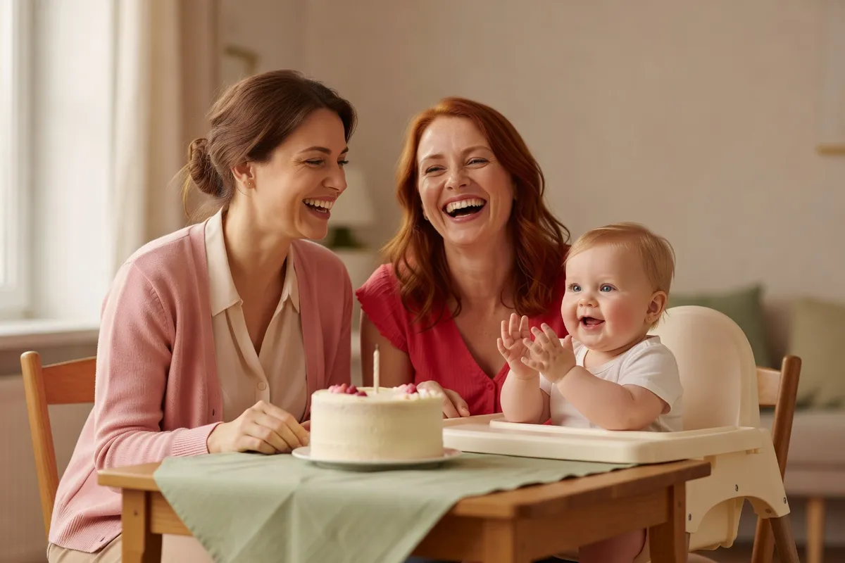 Une femme et son amie rient en regardant un bébé d’un an qui tape dans ses mains devant un petit gâteau d’anniversaire
