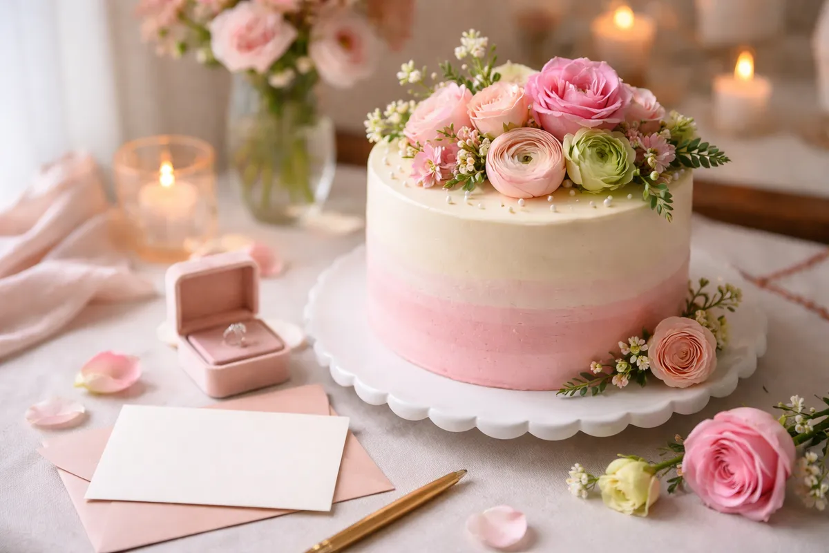 Un gâteau à deux étages orné de roses en crème, posé sur un présentoir près d’un écrin à bague, d’enveloppes roses et d’un stylo doré