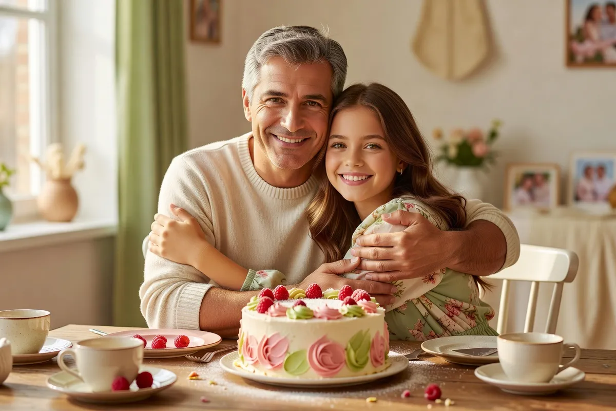 Un père serre sa fille dans ses bras devant un gâteau décoré de roses et de framboises, à une table de cuisine