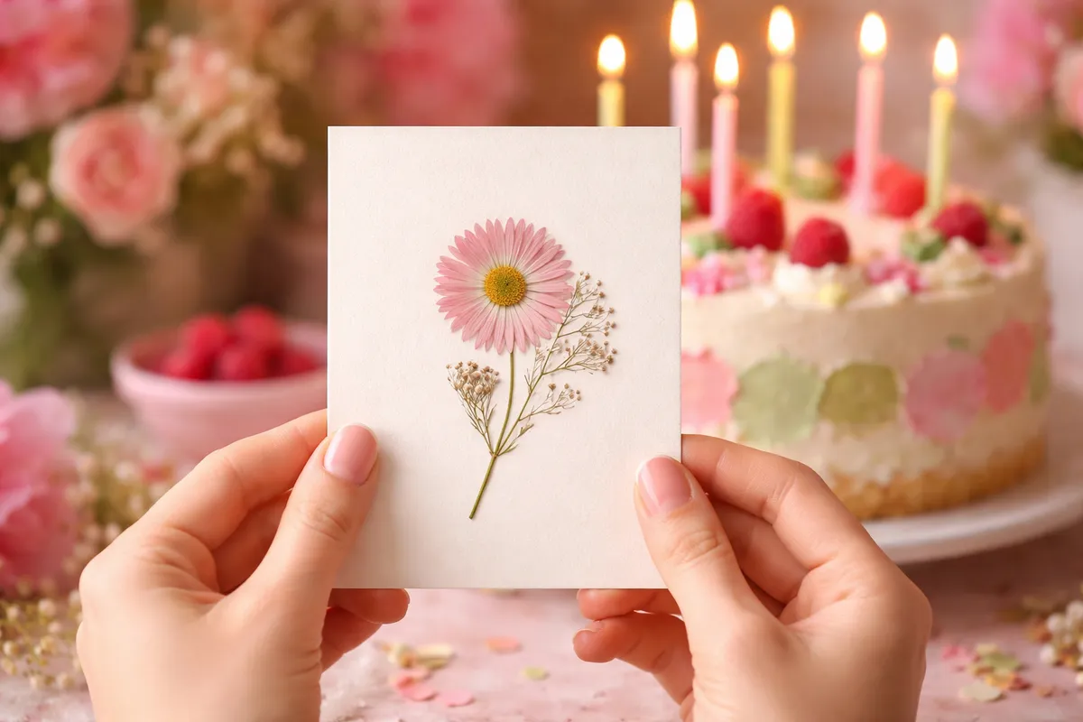 Deux mains tiennent une carte ornée d’une fleur pressée devant un gâteau à bougies et des fleurs roses
