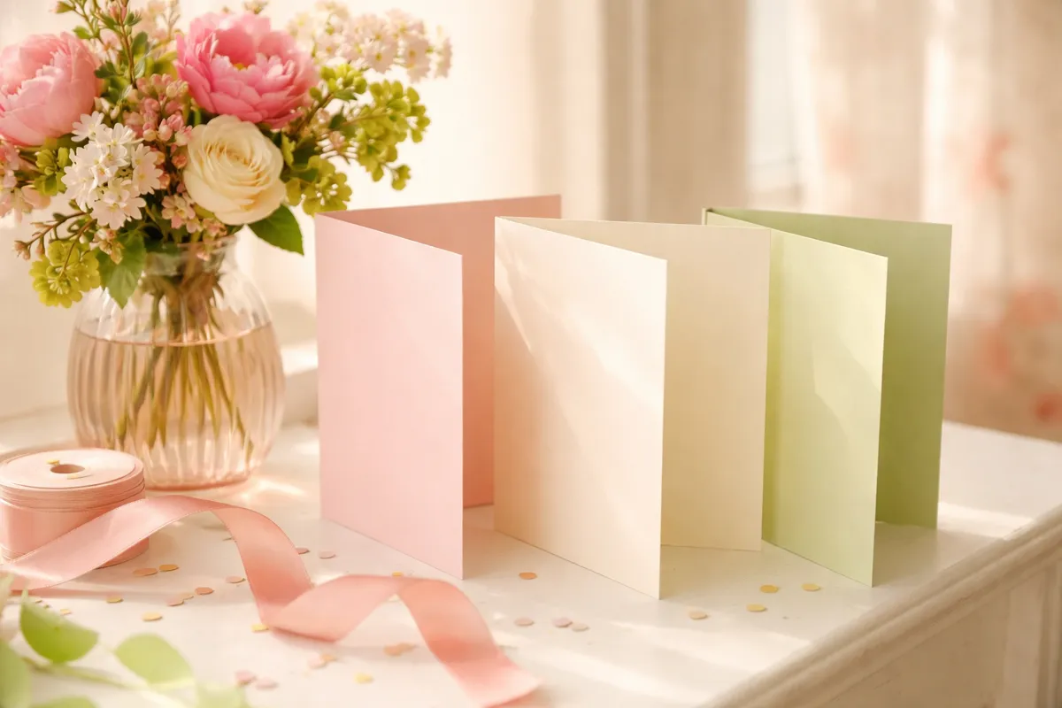 Plusieurs cartes d’anniversaire vierges posées sur une étagère à côté d’un vase de fleurs et d’un ruban, sous une lumière douce