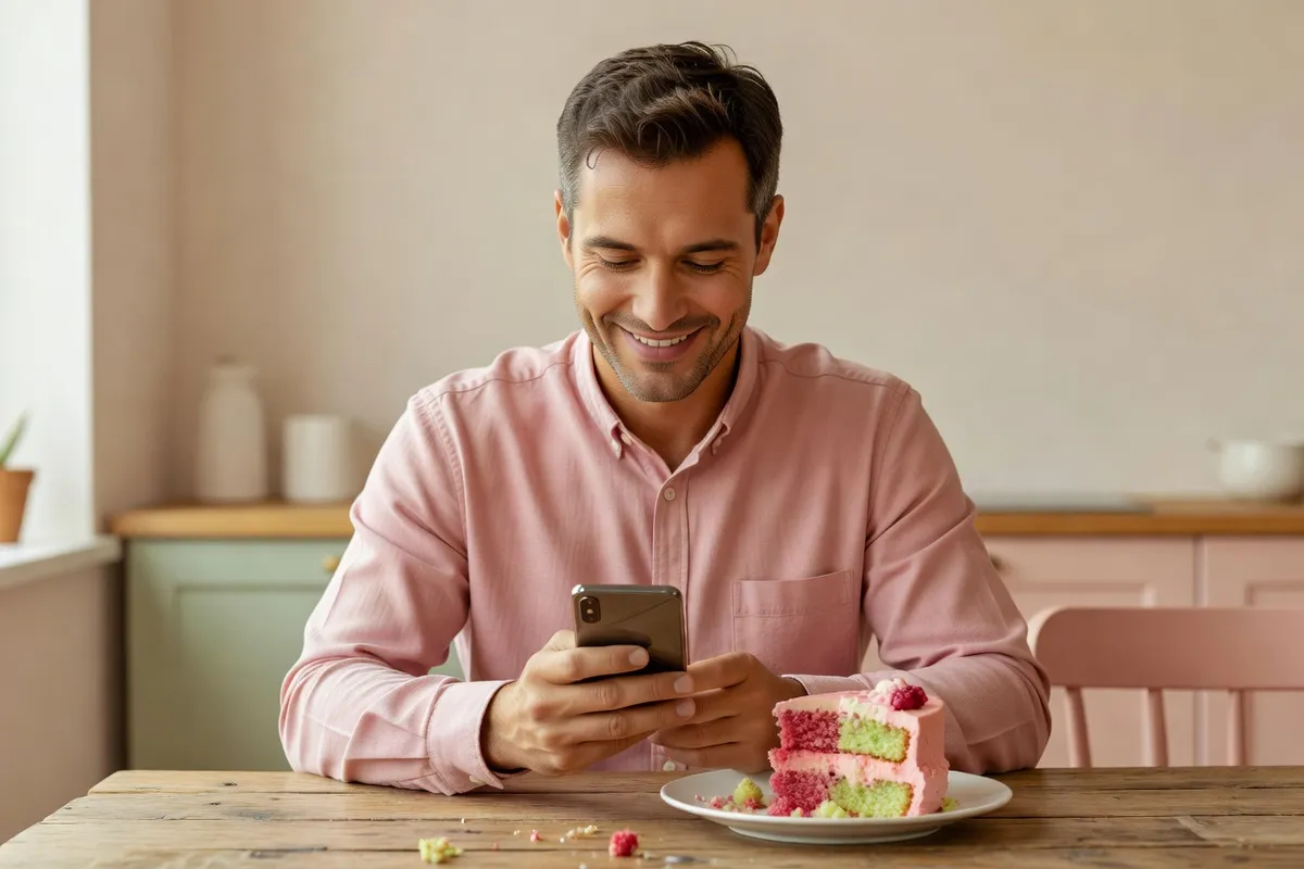 Un homme d’une quarantaine d’années tape un message de remerciement sur son téléphone à une table de cuisine, un morceau de gâteau d’anniversaire entamé à côté de lui