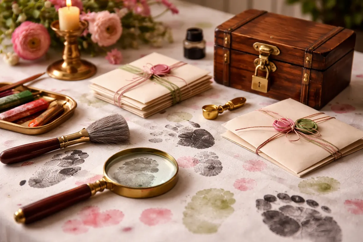 Une table couverte d’une nappe blanche avec traces de pas à l’encre, une loupe, un petit coffret en bois fermé et des enveloppes cachetées