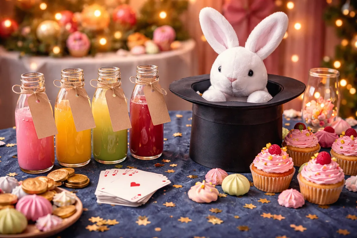 Table étoilée avec fioles de boissons colorées étiquetées, chapeau de magicien d’où sort un lapin en peluche, cartes à jouer et petits gâteaux