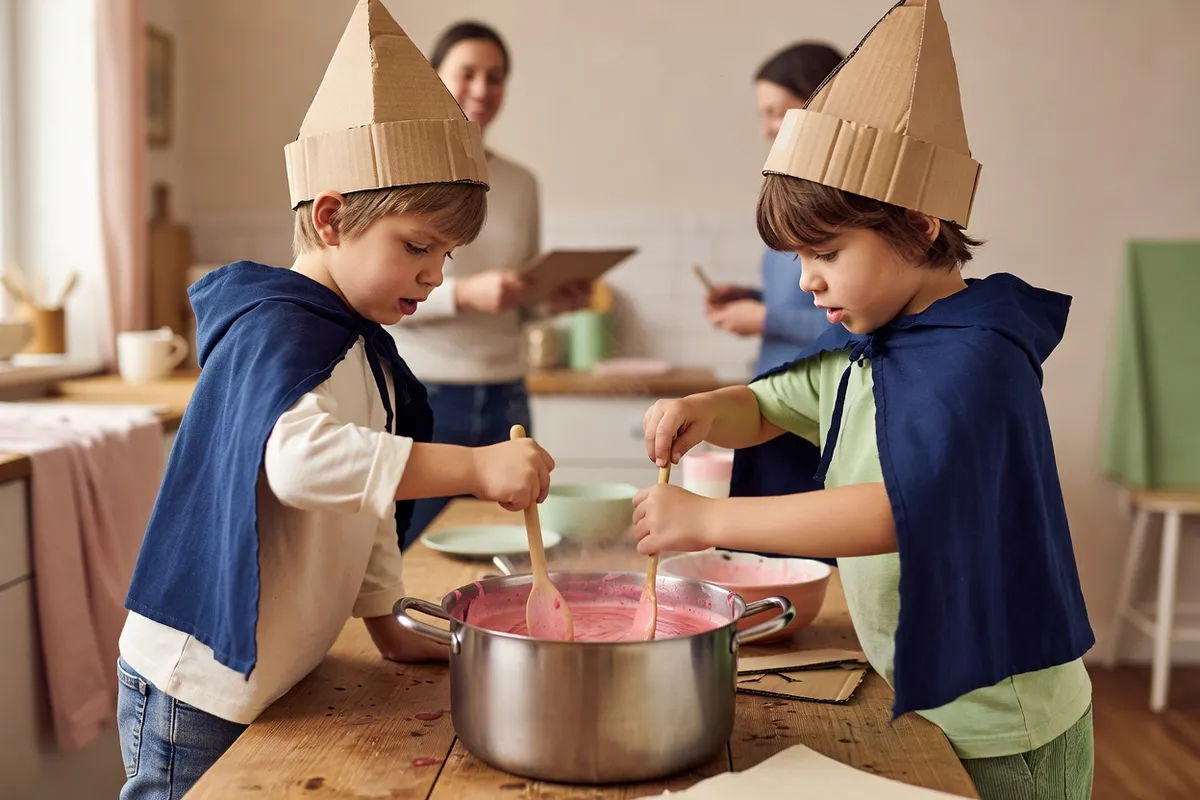 Deux enfants coiffés de chapeaux pointus en carton et vêtus de capes bleues remuent une potion rose dans une grande casserole, des adultes derrière eux