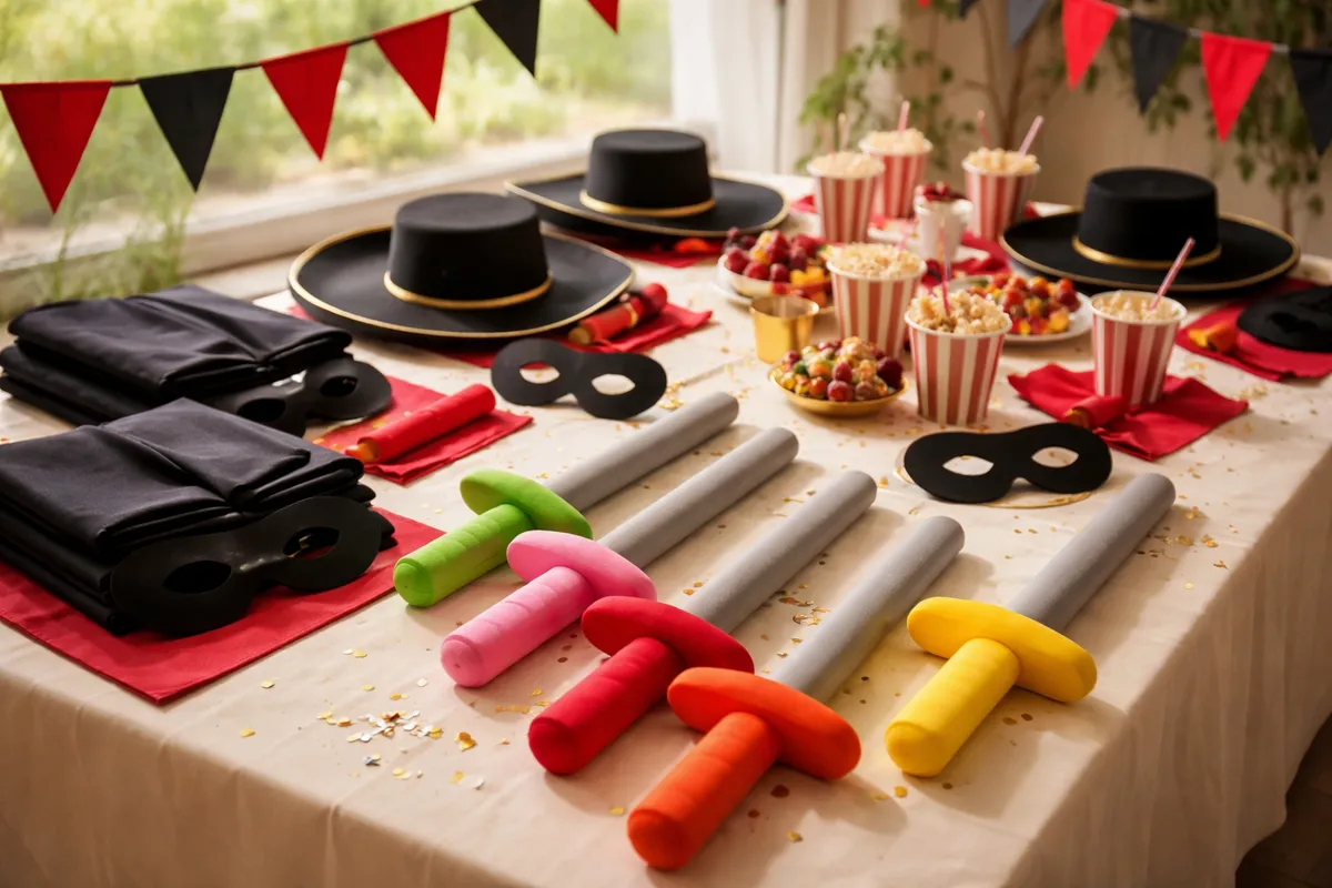 Table de fête avec chapeaux et masques noirs, capes pliées, épées en mousse colorées, gobelets de pop-corn et fanions
