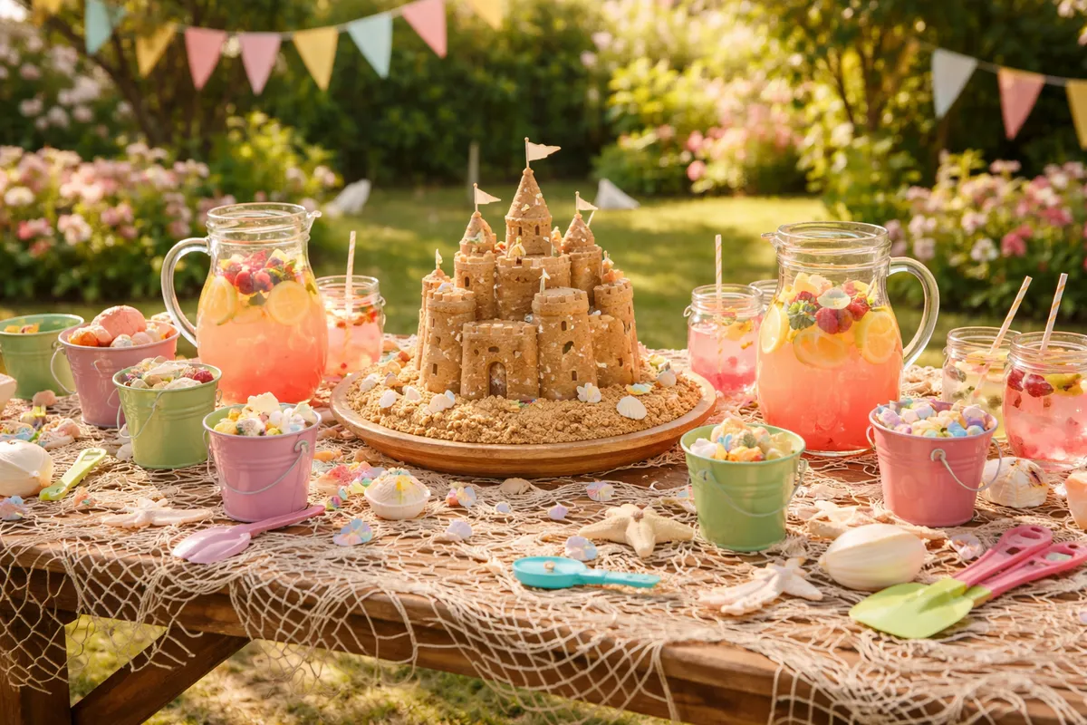 Un jardin transformé en plage : table recouverte d’un filet de pêche, coquillages, petits seaux, pelles, carafes de citronnade et gâteau en forme de château de sable