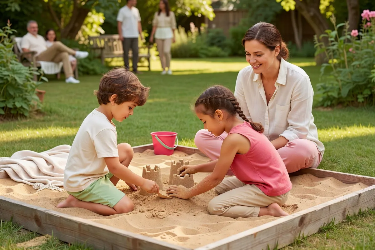 Des enfants construisent un château de sable dans un bac à sable au jardin, un parent assis à côté d’eux