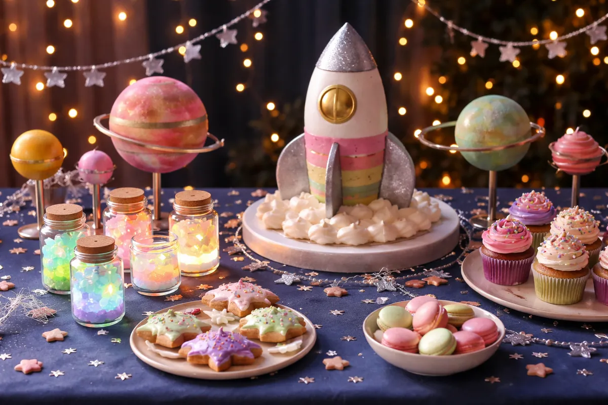 Décor de fête pour enfants avec fusées en carton, planètes suspendues et nappe bleu nuit