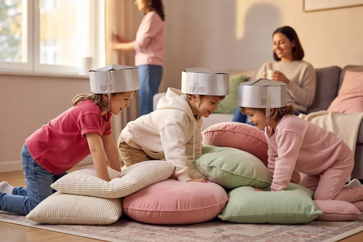 Des enfants coiffés de chapeaux en papier argenté jouent à quatre pattes parmi des coussins dans un salon, des adultes en arrière-plan